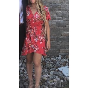 Red floral wrap dress